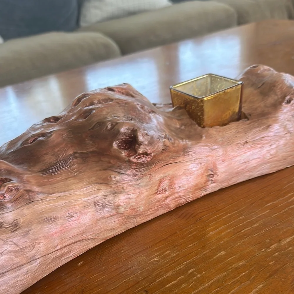 Rustic Driftwood Wood Candle Holder with Gold Glass Votive Cups, Nature Decor